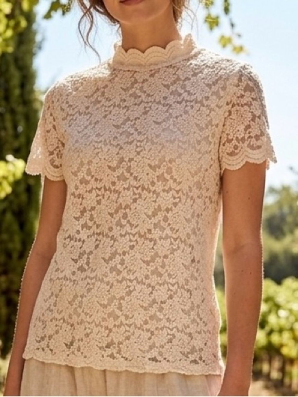 Elegant Stretch Lace Feminine Beige Top XL